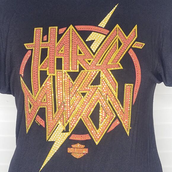 Harley Davidson Black Top Red Yellow Rhinestones Lightning Bolt Biker 2021 XL - Picture 4 of 9
